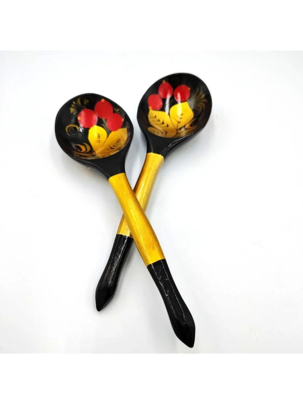 Hand Painted Wooden Serving Spoon Set Khokhloma Style Red Berries Folk Art Pair